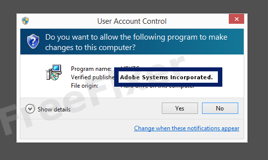 Screenshot where Adobe Systems Incorporated. appears as the verified publisher in the UAC dialog